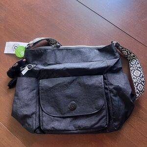 Kipling Black Crossbody Bag with Patterned Strap